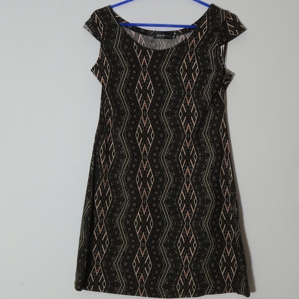 Joli Clothes XL Black Brown Geometric Tribal Knit Cap Sleeve Mini Shift Dress - Picture 2 of 13